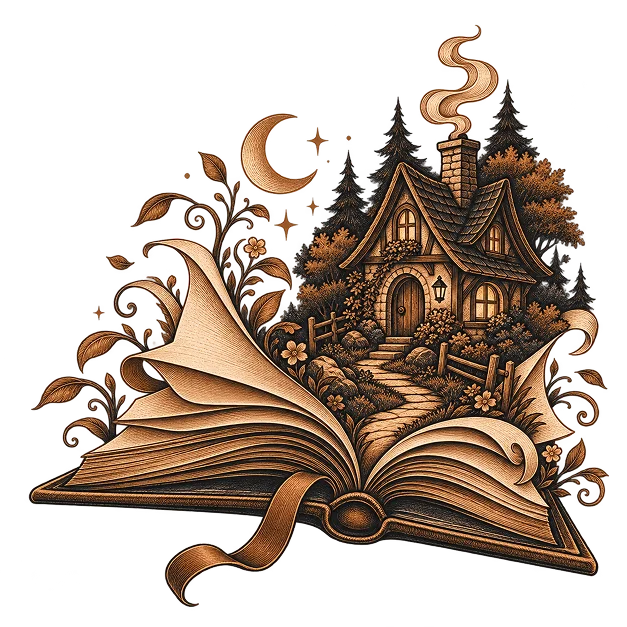 A cottage in the woods rising from the pages of an open storybook under a crescent moon