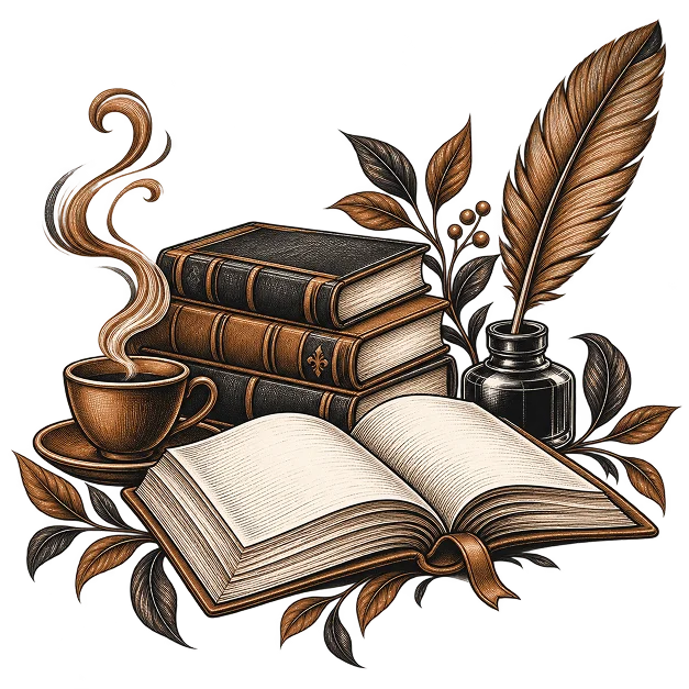 An open book and bound volumes beside a quill and inkwell