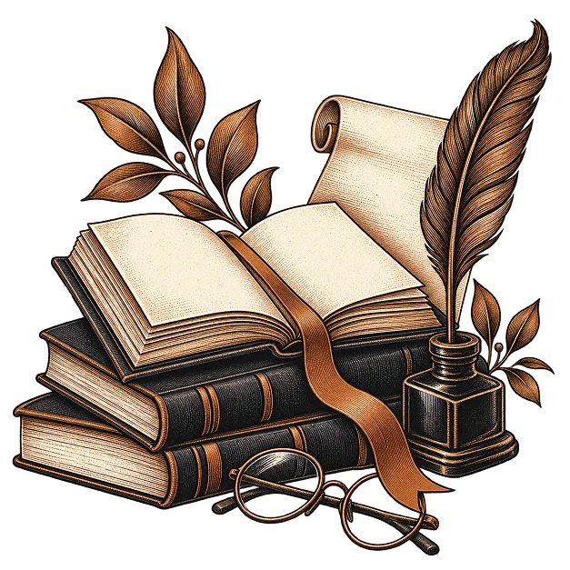 An open book at a chapter end, beside a scroll of notes and reading glasses