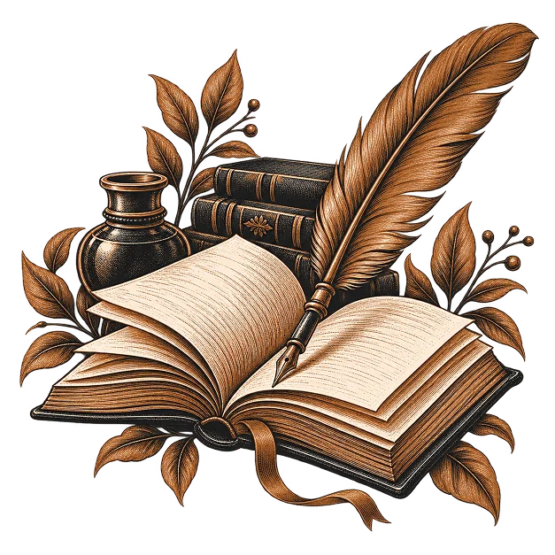 An open book showing a full-page image, beside bound volumes and an inkwell