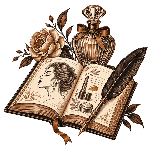 An open book sketched with a portrait and cosmetics, beside a perfume bottle, a peony and a quill pen