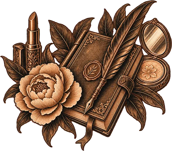 A clasped journal with a wax seal and quill pen, framed by a peony, leaves, lipstick and a powder compact