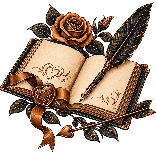 An open book inscribed with hearts, a rose and quill pen above it and a heart wax seal on the ribbon