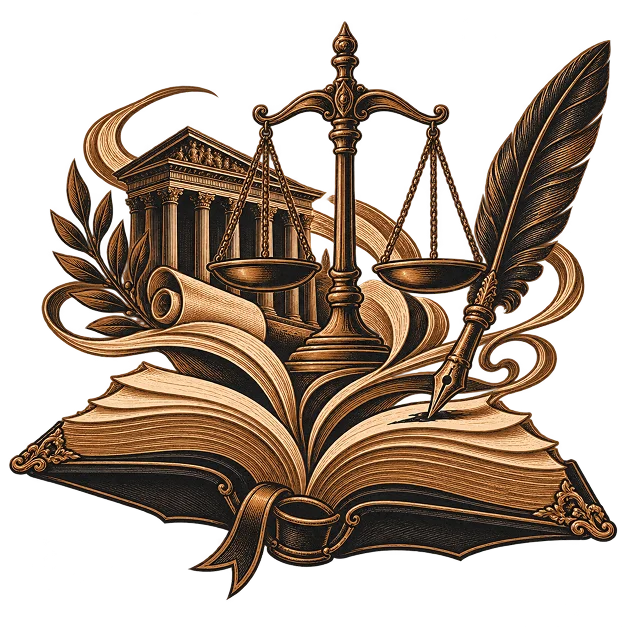 An open book with the scales of justice, a courthouse facade, a scroll and a quill pen behind it