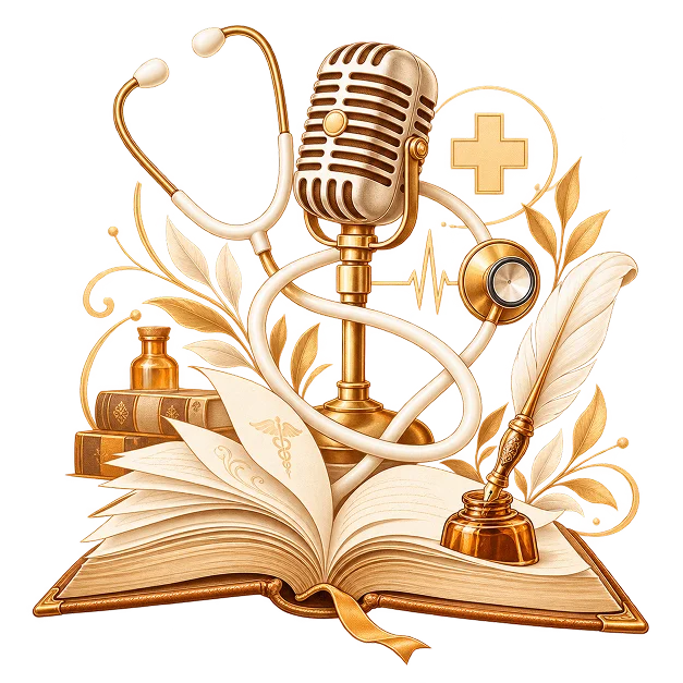 An open book with a studio microphone, a stethoscope, a heartbeat line and a quill in an inkwell