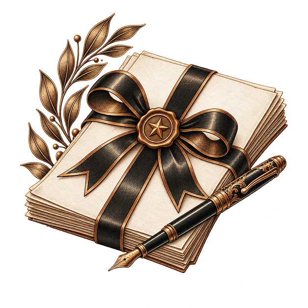 A stack of manuscript pages tied with a ribbon and a star wax seal, with a fountain pen alongside