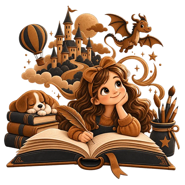 A girl writing in an open book with a quill, a castle, a dragon and a hot air balloon rising behind her, a sleeping puppy on a stack of books and a jar of brushes