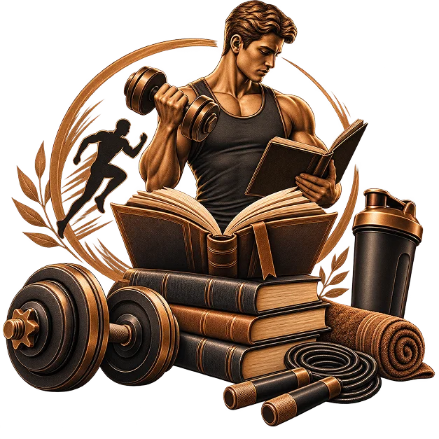A man reading an open book while curling a dumbbell, with a running silhouette behind him, stacked books, weight plates, a shaker, a rolled mat and a skipping rope