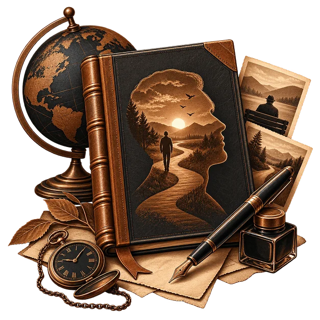 A bound book whose cover shows a figure walking a path inside a portrait silhouette, with a globe, a pocket watch, old photographs and a fountain pen