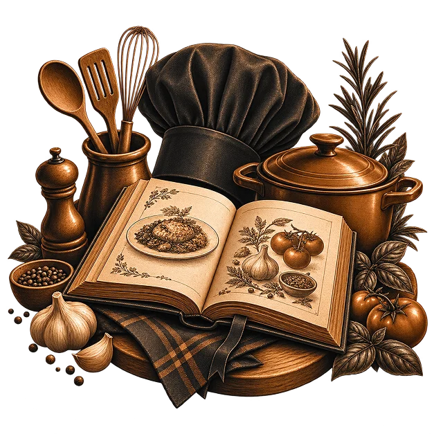An open recipe book on a wooden board among a chef's hat, a copper pot, wooden utensils, a pepper mill, garlic, tomatoes and herbs