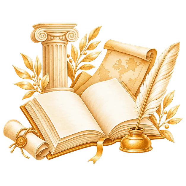 An open book before a stone column and a rolled map, with laurel branches, a sealed scroll and a quill in an inkwell