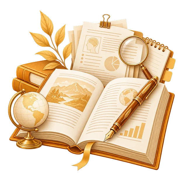 An open book with a landscape photograph and a bar chart on its pages, beside a globe, a magnifier, clipped research pages and a fountain pen