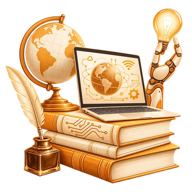 A laptop showing a globe and circuitry on a stack of books, with a robotic arm holding a lightbulb, a globe and a quill in an inkwell